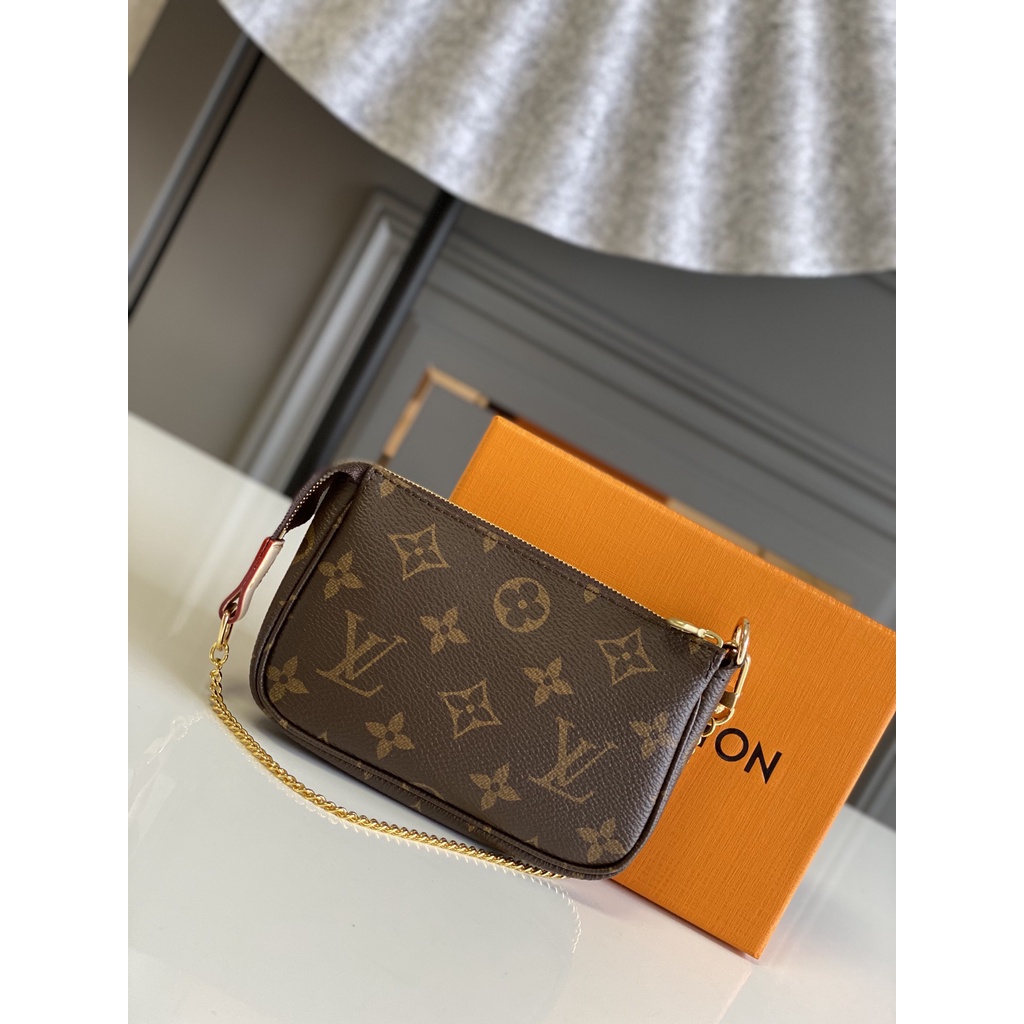 Túi MINI POCHETTE nữ da thật thời trang cao cấp Louis Vuitton LV thiết kế khóa kéo và dây xích vàng đẹp mắt