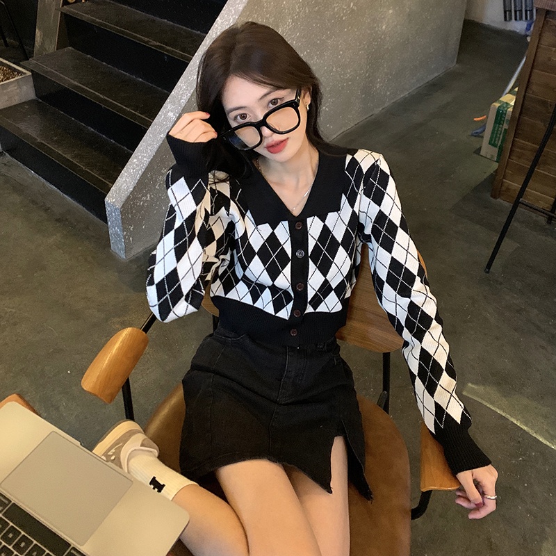 Porozi Áo cardigan dệt kim  tay dài cổ polo họa tiết sọc caro phong cách thời trang Hàn Quốc