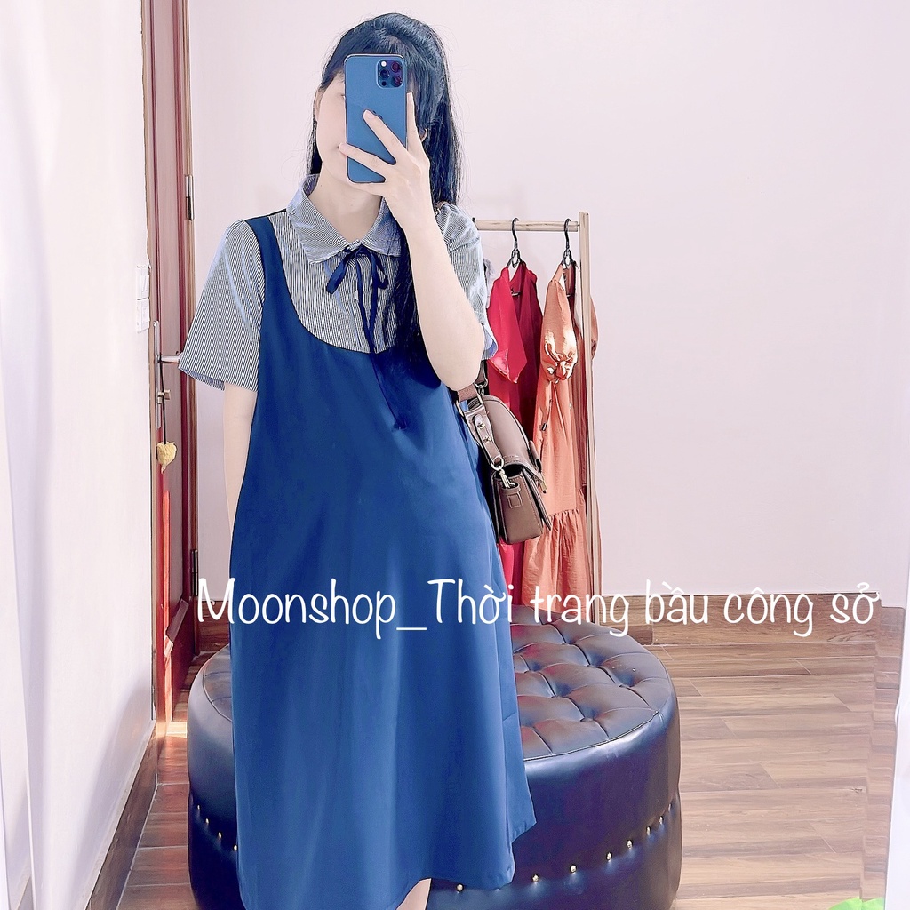 Váy bầu công sở xanh than cổ đức kẻ