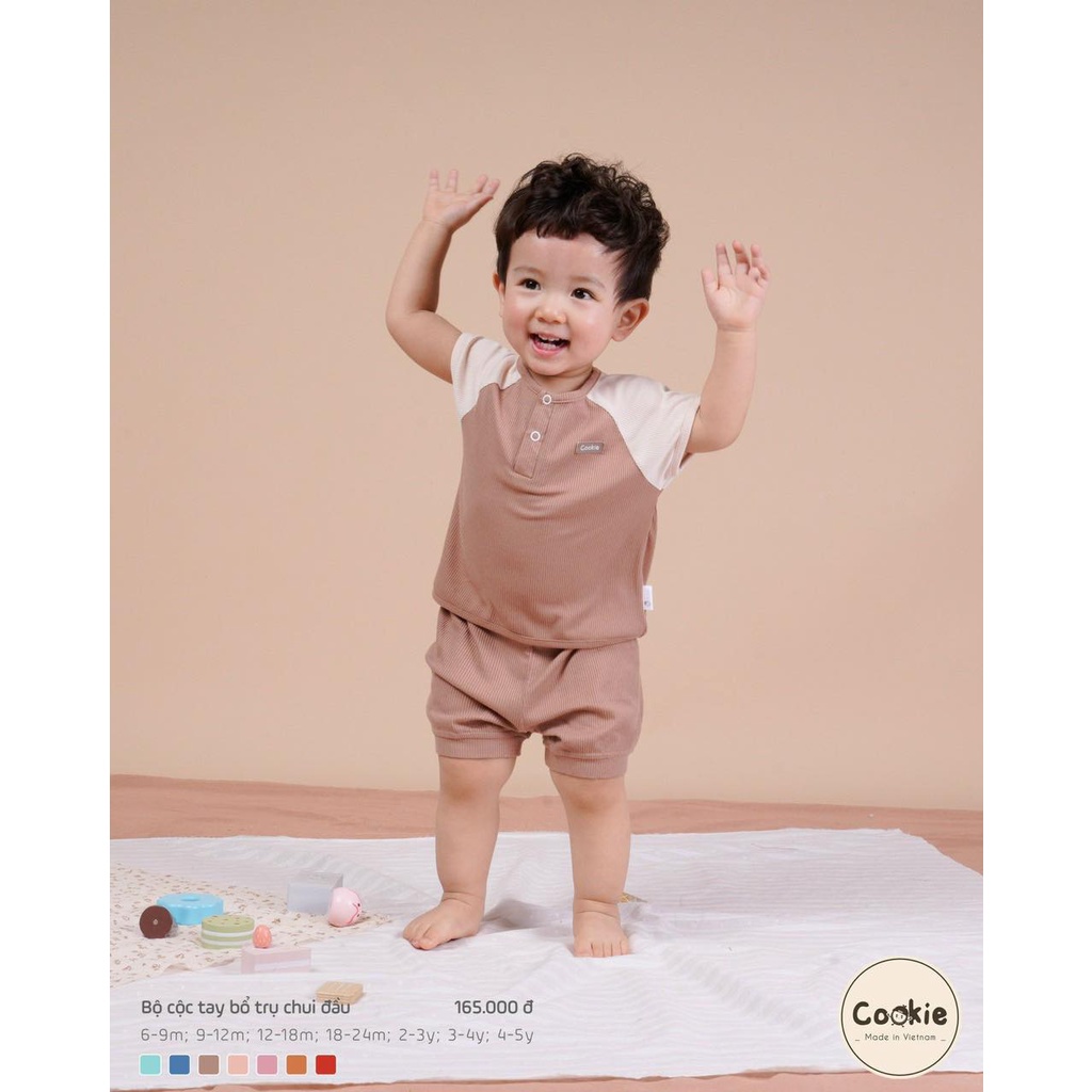 Bộ cộc tay cổ trụ chui đầu Cookie bé trai bé gái thời trang mùa hè