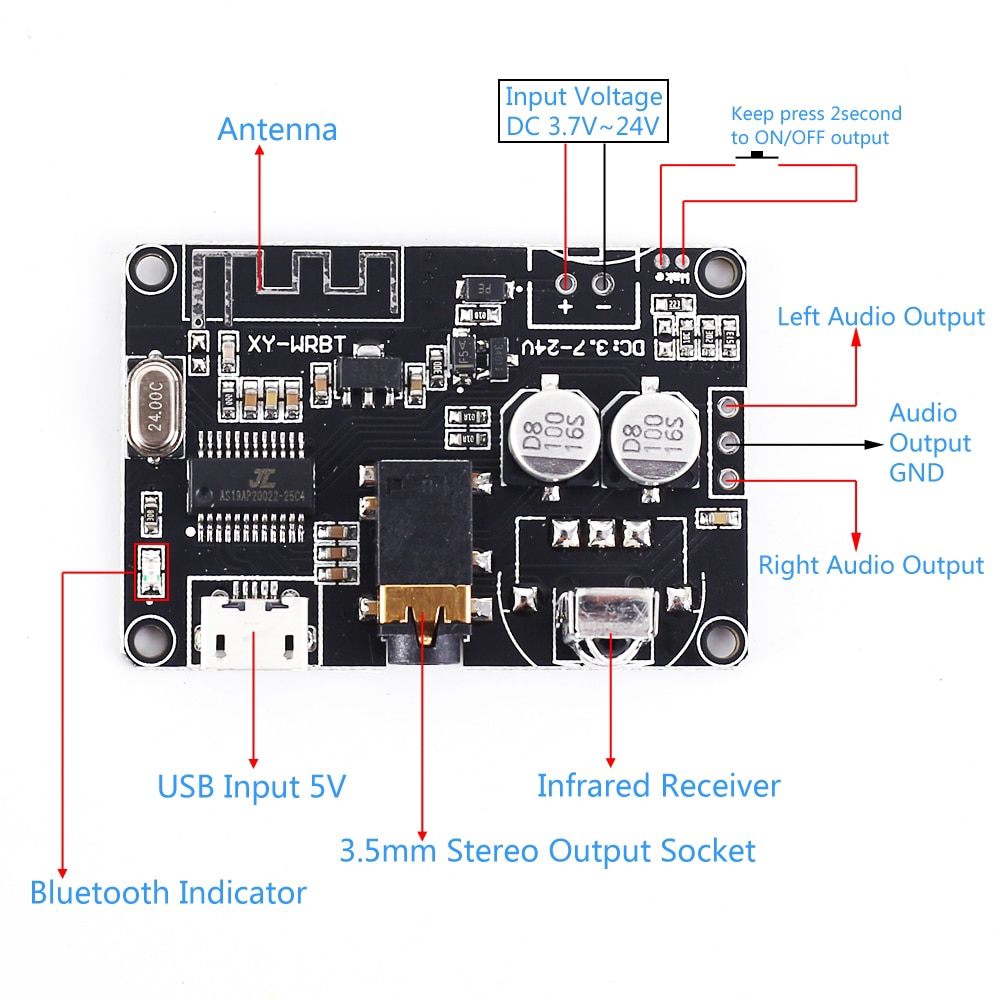 BLE 5.0 Bluetooth Receiver Audio Stereo Decoder Module DC 3.7V-24V for DIY Voltage Volume Adjustable Speaker Amplifier Controler