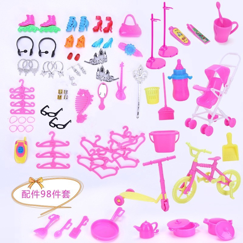 98PC Barbie Giày Cao Gót Đồ Dùng Nhà Bếp Vòng Cổ Barbie Trẻ Em