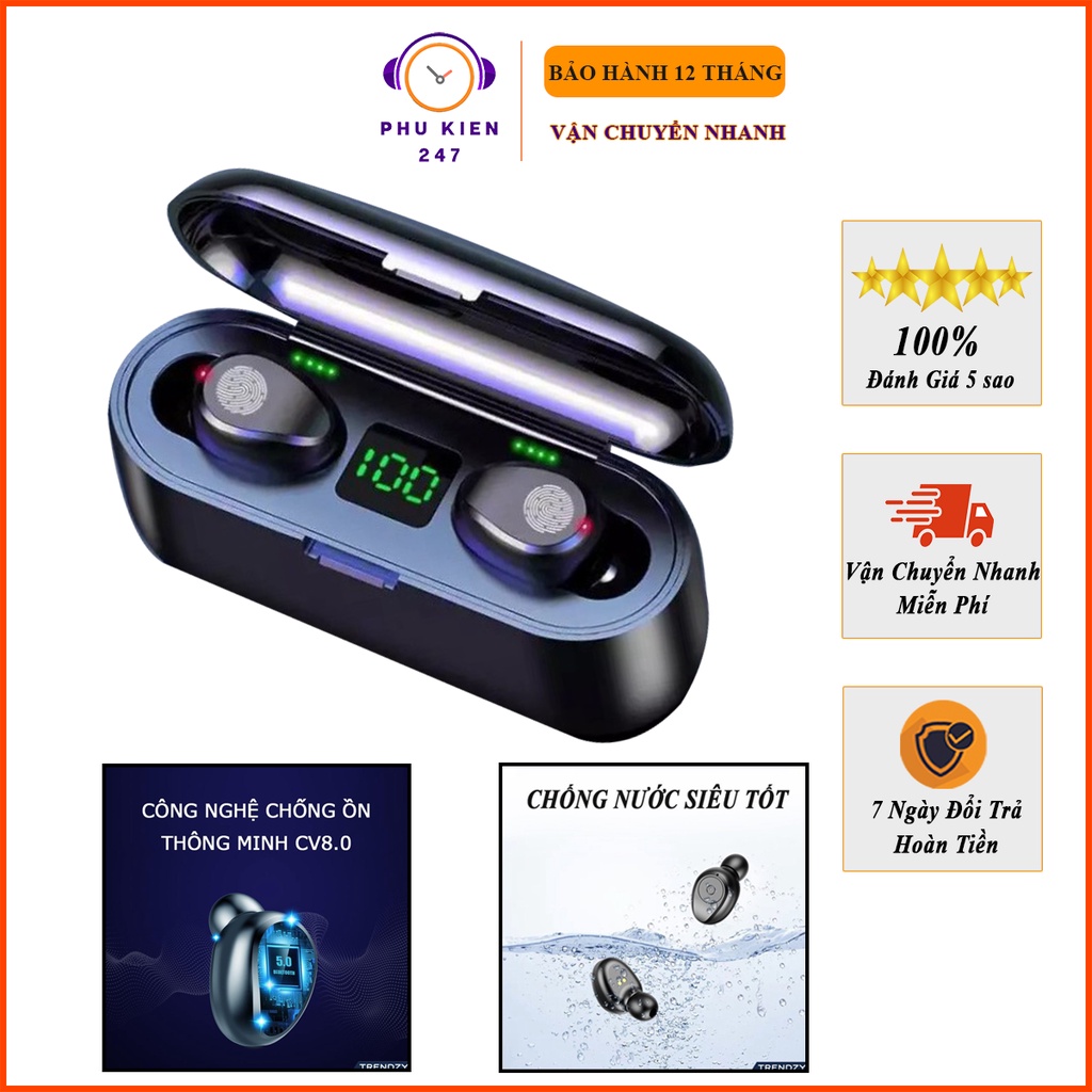 Tai nghe Bluetooth AMOI F9 TWS 5.0 bản QUỐC TẾ không dây cảm ứng chống nước, chống ồn tích hợp sạc dự phòng 2500mAh