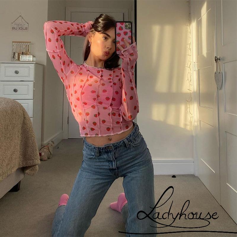 Áo thun dài tay hở rốn in họa tiết dâu tây dành cho nữ