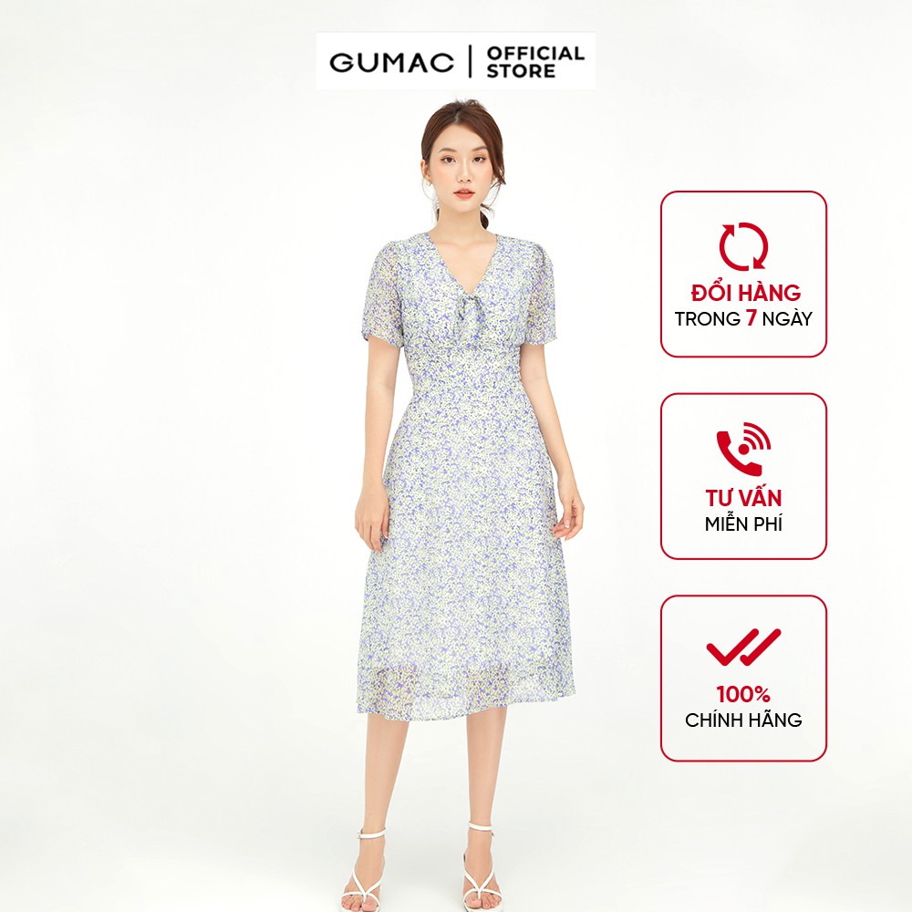 [Mã MABR07062 giảm 8% tối đa 50K đơn từ 249K] Đầm xòe nữ họa tiết hoa cổ V nơ tím GUMAC DB595 | BigBuy360 - bigbuy360.vn
