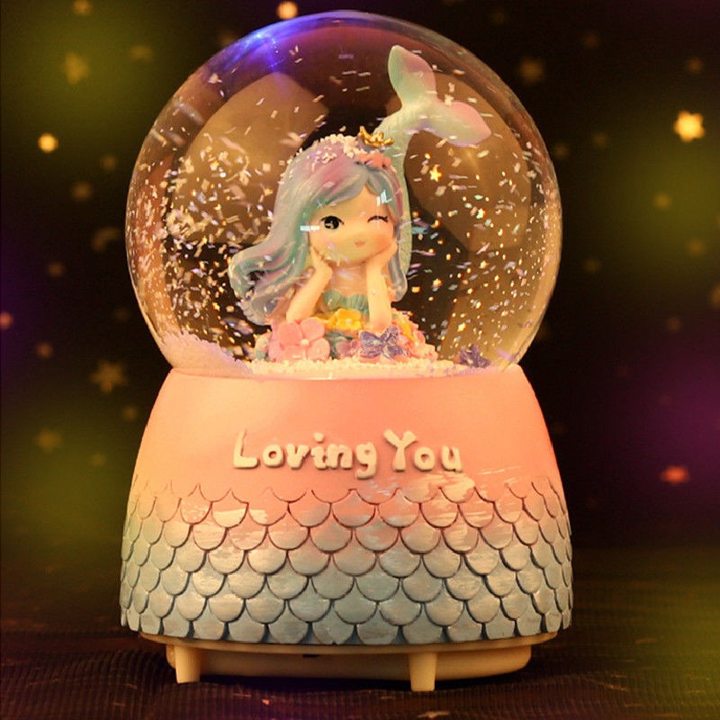 ﹍☾☄Quả cầu pha lê Hộp âm nhạc Ánh sáng ban đêm Hộp nhạc nổi trên tuyết Nàng tiên cá Công chúa Cô gái Trẻ em Cô gái Trang