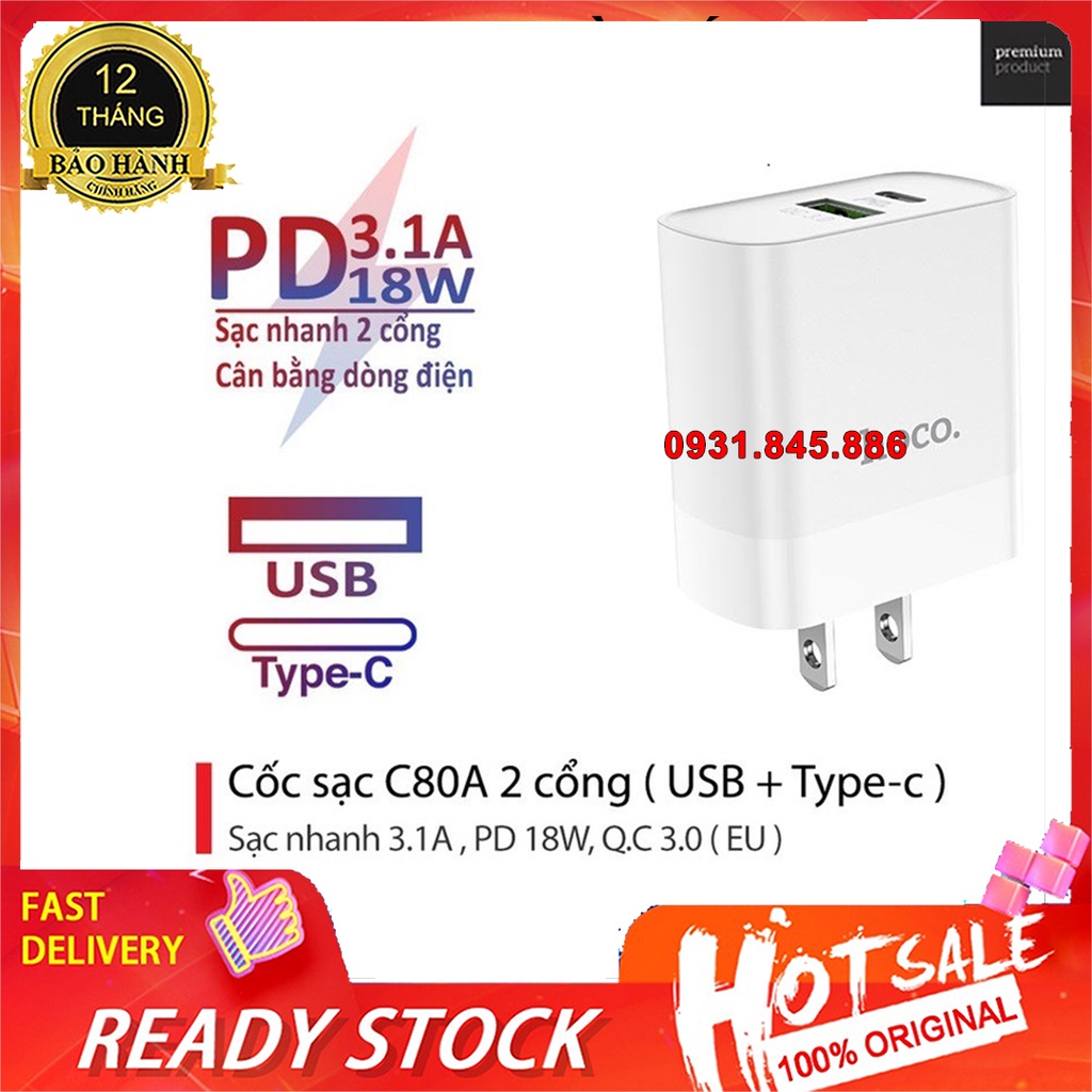 ⚡Giao Nhanh⚡ Cốc Sạc Nhanh 2 Cổng 💎CAO CẤP 💎Củ Sạc Hoco C80 Sạc Nhanh 18W ( QC 3.0 , PD ) Cho IPhone IPad Android ...