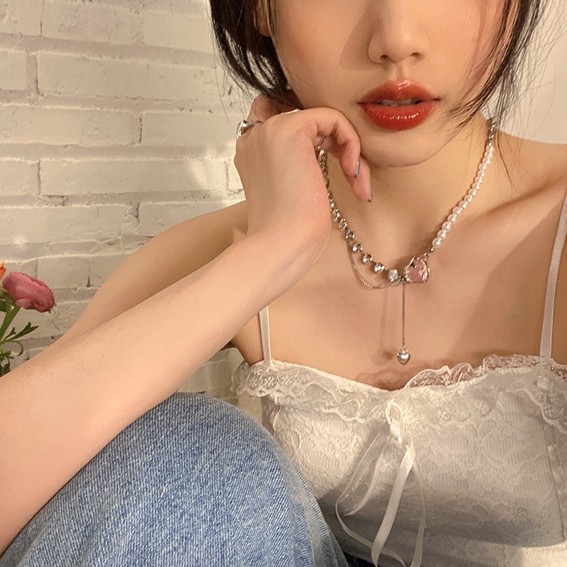 Vòng cổ Đính Hạt Ngọc Trai Nhân Tạo Màu Hồng