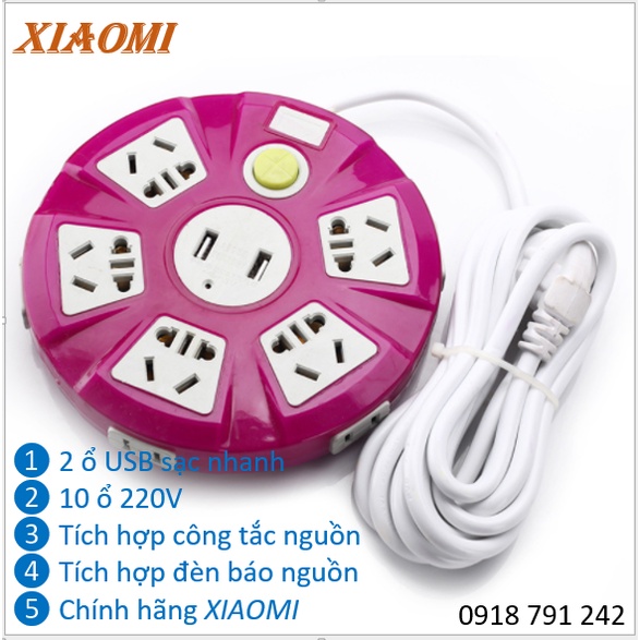 COMBO Ổ CẮM XIAOMI DÀI VÀ TRÒN 2500W, CÓ CỔNG USB SẠC NHANH ĐIỆN THOẠI, CHÍNH HÃNG XIAOMI