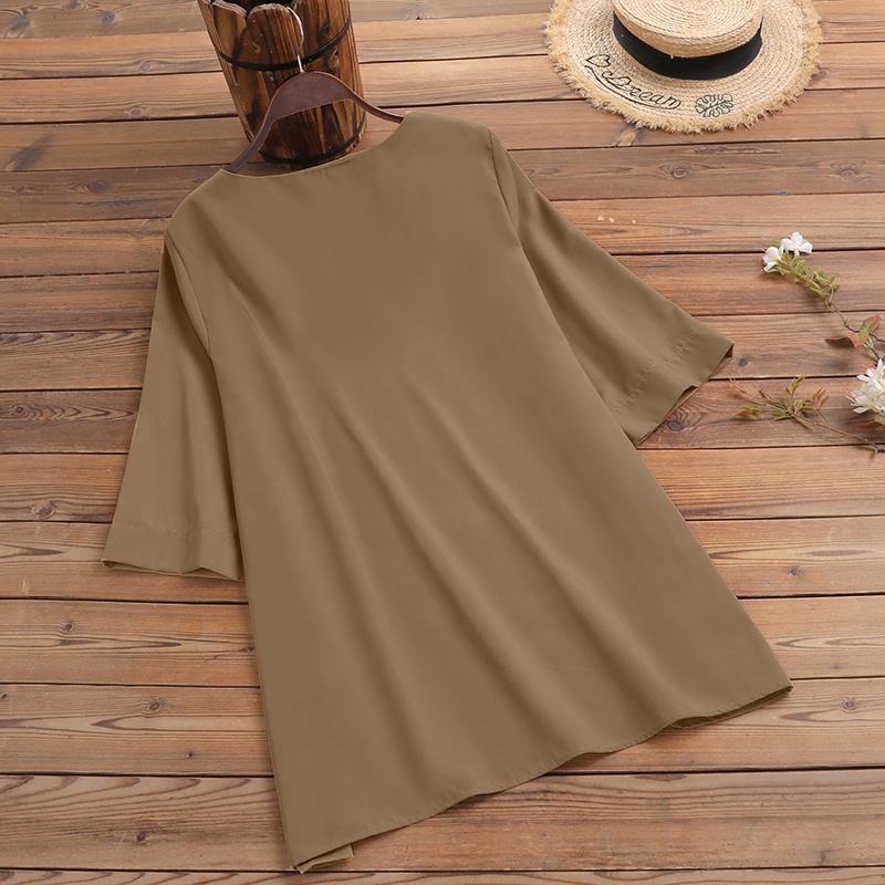 Áo cổ tròn ZANZEA tay 3/4 màu trơn thời trang retro Hàn Quốc cho nữ
