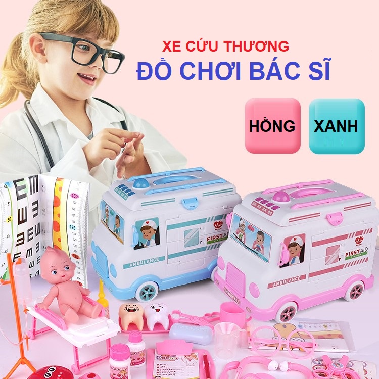 Xe đồ chơi  bác sĩ hình xe cứu thương, có thể di chuyển, có đèn nhạc,dụng cụ