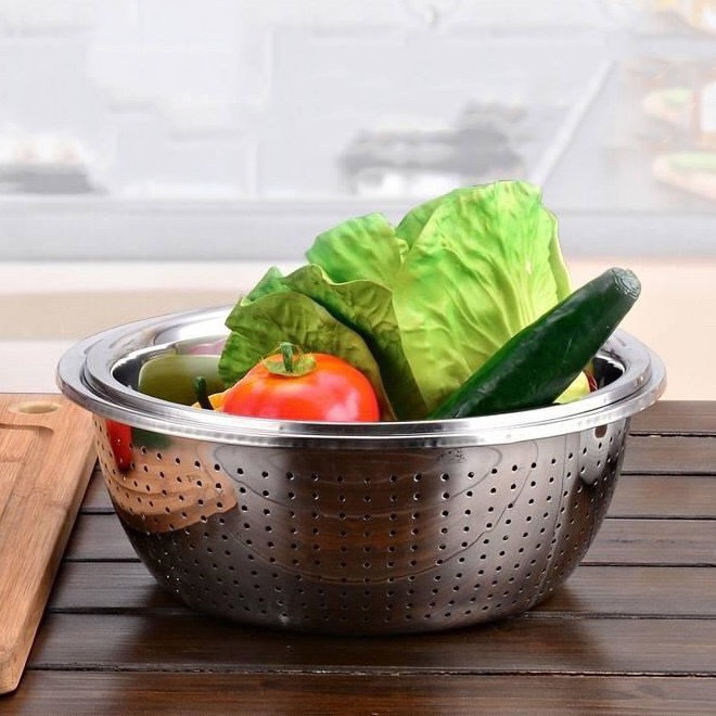 (Hộp đỏ) Bộ Thau Rổ Inox 5 cái tiện dụng cho bếp - E46