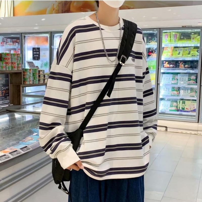 Áo Sweater Tay Dài Dáng Rộng Kẻ Sọc Vải Cotton Kiểu Retro Nhật Bản Thời Trang Cho Nam