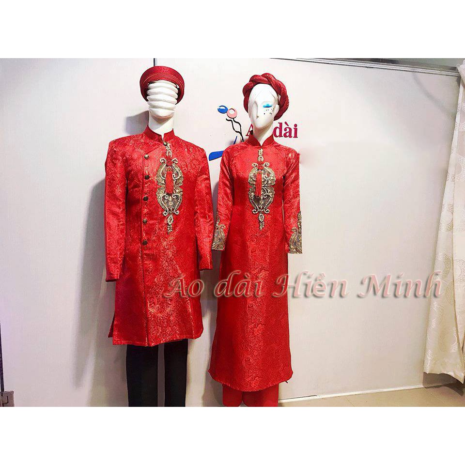 Cặp áo dài cưới đính họa tiết độc đáo
