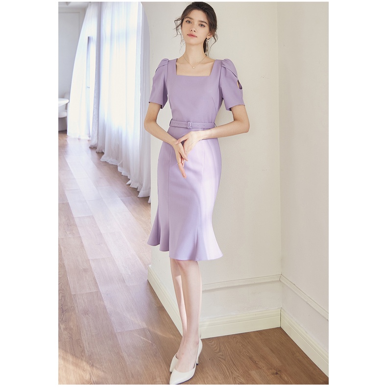 Đầm cổ vuông tay ngắn màu tím khoai môn thanh lịch