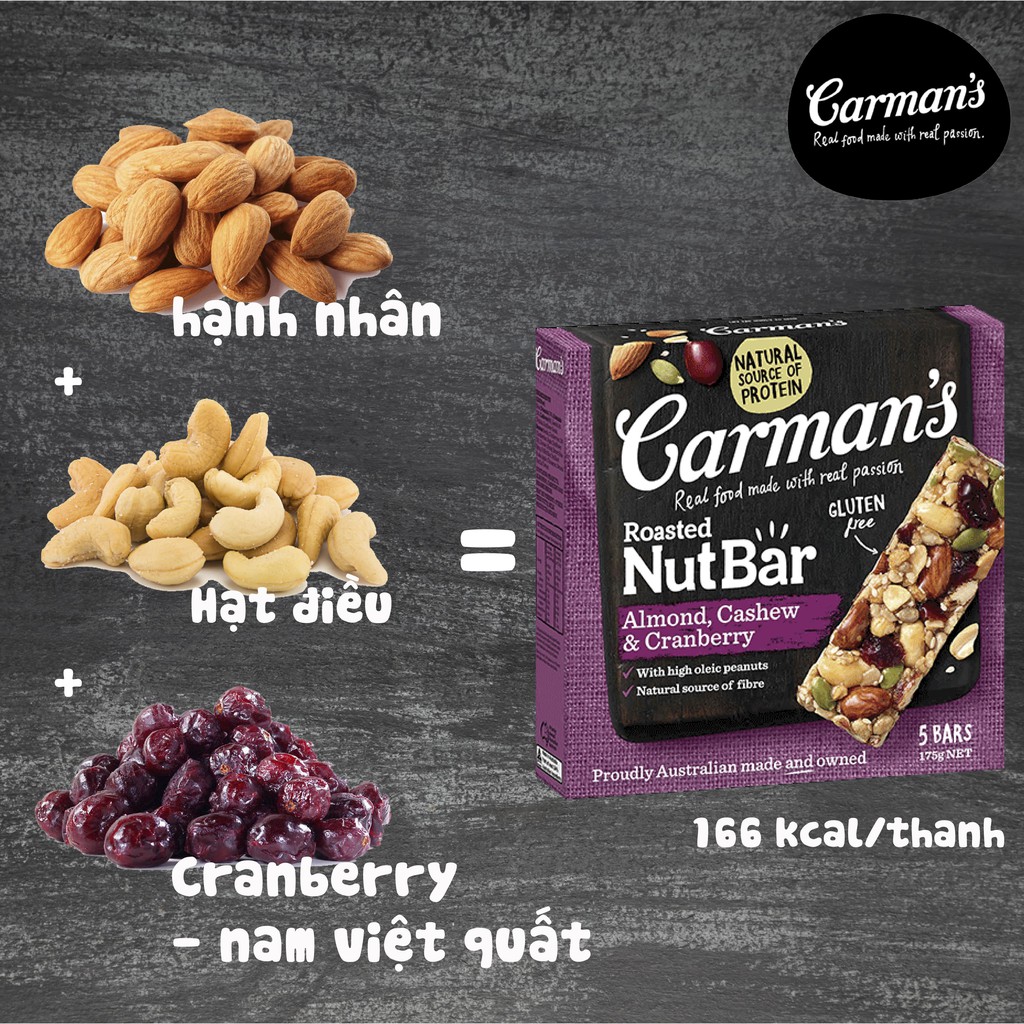 Thanh Hạt Ăn Kiêng Carman's Nut Bar Hạnh Nhân, Hạt Điều, Nam Việt Quất - 175g