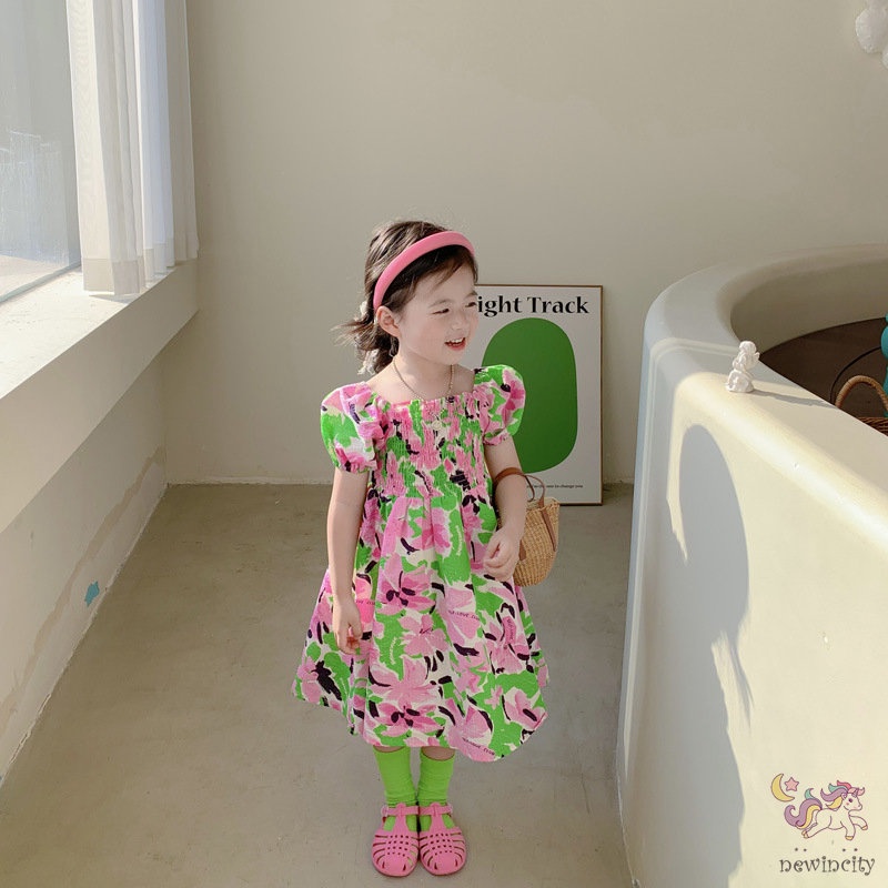 Đầm Công Chúa Tay Phồng Ngắn In Hoa Kiểu Hàn Quốc Thời Trang Mùa Hè Cho Bé Gái