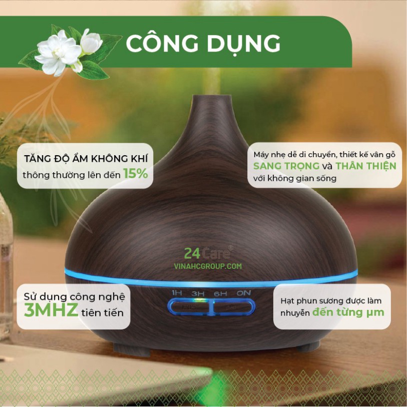 Máy khuếch tán tinh dầu 24Care công suất 10W dung tích 500ml có chế độ hẹn giờ