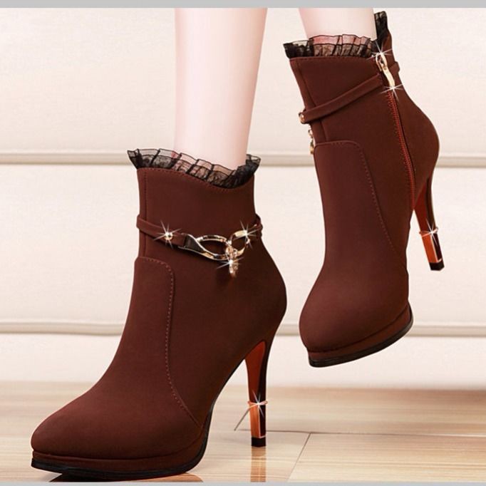 ✥Temperament short boots women s 2018 autumn and winter new fashion ultra-high-heeled stiletto suede plus velvet sexy pointed trendy <