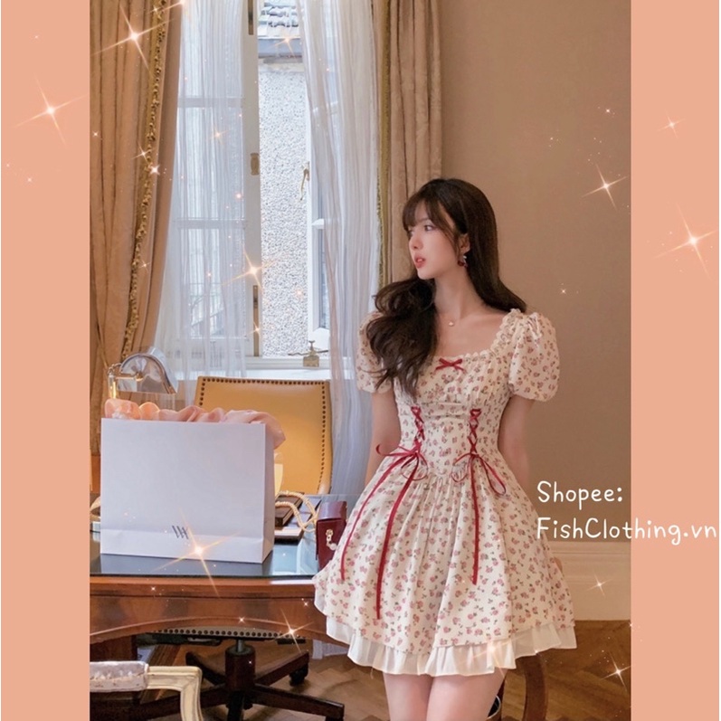 SẴN🎀Đầm xoè voan công chúa lolita hoa nhí cổ vuông tay bồng đan dây eo/Váy ulzzang nơ ngực vintage retro cho nữ - Hàng