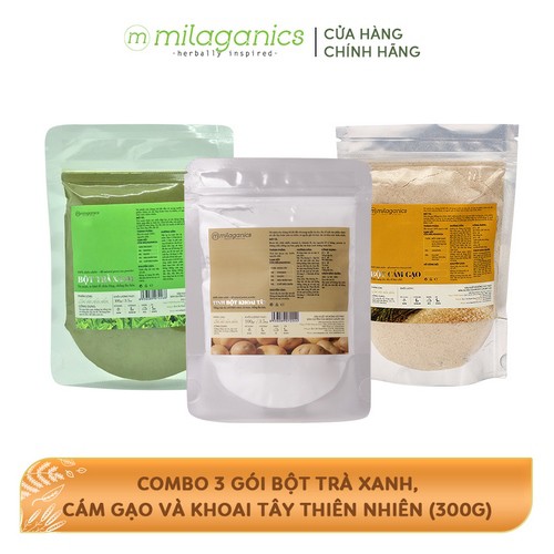 Combo 3 Gói bột trà xanh, cám gạo và khoai tây thiên nhiên MILAGANICS (100g/gói)