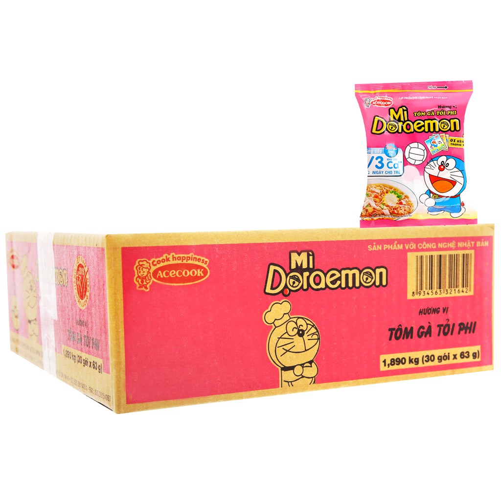 Thùng 30 gói mì Doraemon hương vị tôm gà tỏi phi 63g