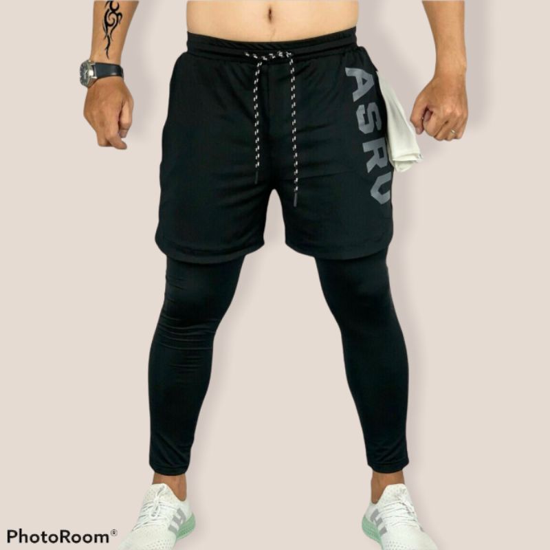 Quần đùi tập gym 2 lớp liền legging ASRV , Quần thể thao nam lót legging