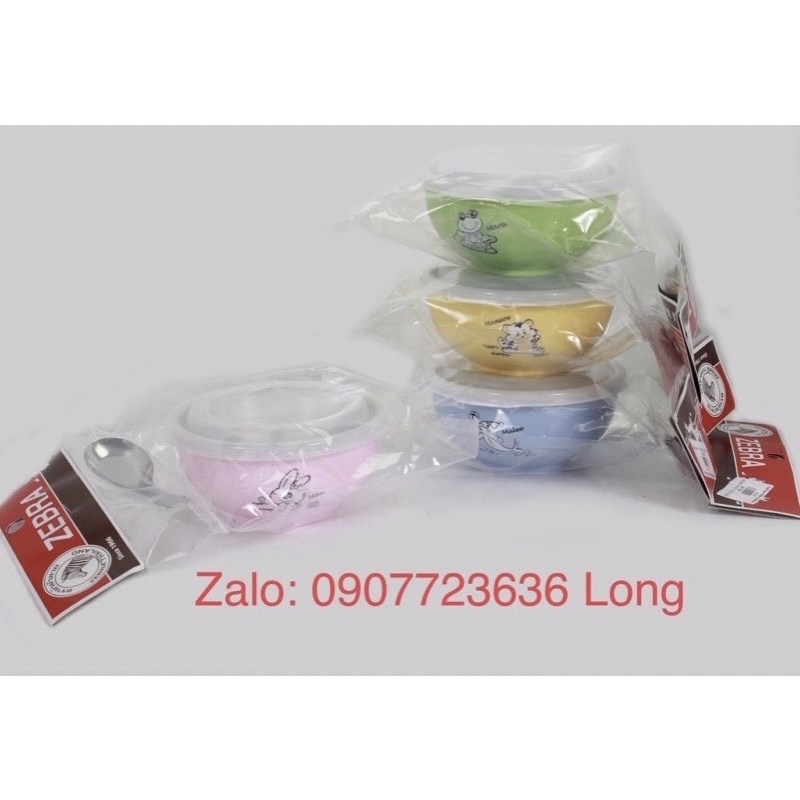 Chén Inox 11cm Zebra Hai Lớp Có Nắp Kiddy Kèm Muỗng - 184202 nhập khẩu Thái Lan thích hợp trẻ nhỏ tập ăn