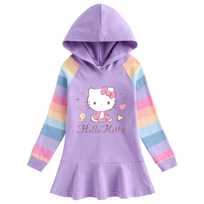 Đầm Công Chúa Họa Tiết Hello Kitty Màu Cầu Vồng Dễ Thương Cho Bé Gái