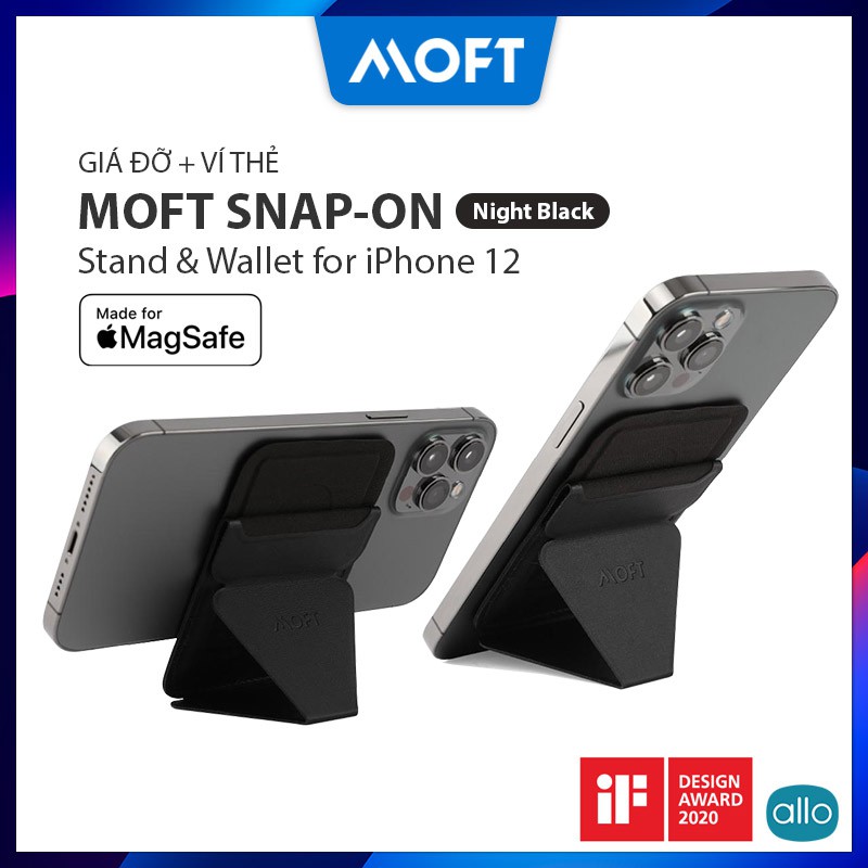 MOFT Snap-On Night Black Giá Đỡ + Ví Thẻ, Tích Hợp MagSafe Từ Tính, Ngăn Để 3 Thẻ Card, Dùng Cho iPhone 12/11/X Series