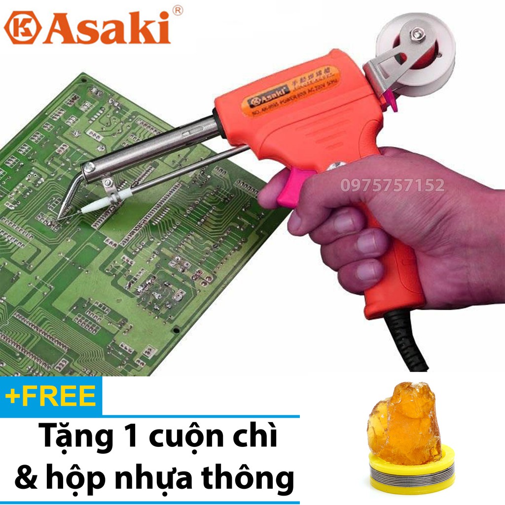 Mỏ hàn điện tử dạng súng, tự động đẩy thiếc Asaki AK-9095 60W - Nóng nhanh, mối hàn đẹp - Tặng thiếc &amp; nhựa thông