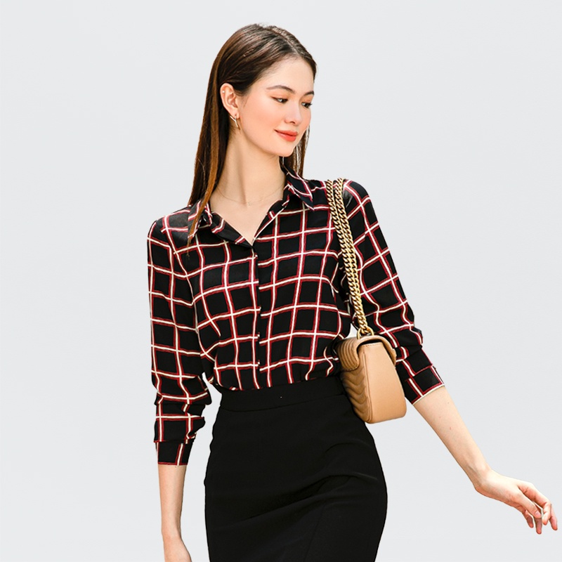 Áo Sơ Mi Lụa Đỏ Checked