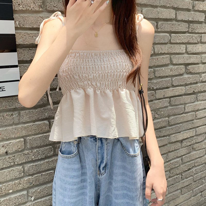 Áo Hai Dây Xếp Ly Màu Trơn Thời Trang Mùa Hè Hàn Quốc Cho Nữ