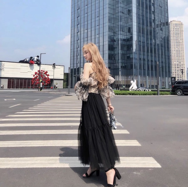 Sĩ- chân váy lưới đuôi cá dài