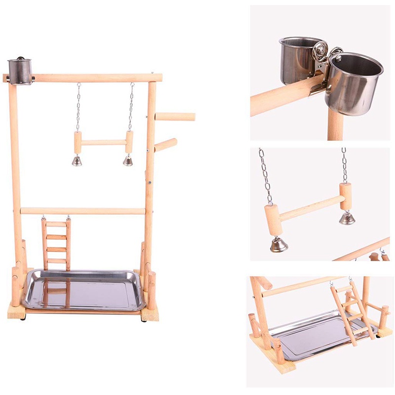 Đồ Chơi Cầu Thang Leo Trèo Bằng Gỗ Kèm Cốc Và Thanh Treo Vui Nhộn Cho Chim Vẹt