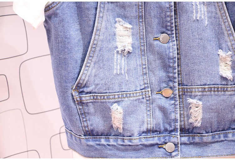 Áo Khoác Denim Không Tay Cổ Đứng Phối Rách Cá Tính Dành Cho Nữ