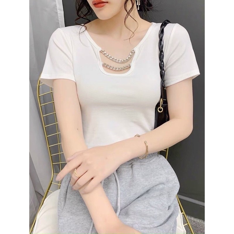 Áo croptop nữ tay ngắn kiểu phối xích chất vải thun Borip