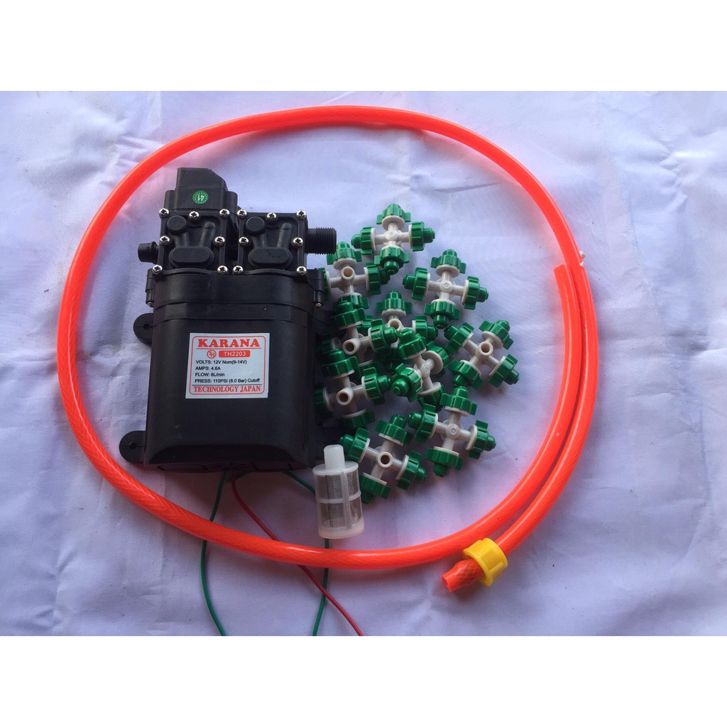 Bơm tăng áp. Bộ bơm đôi KARANA 10 béc kèm nguồn tổ ong 12v_10a kèm nối đầu ra 8mm kèm 10m dây và 10 chử T