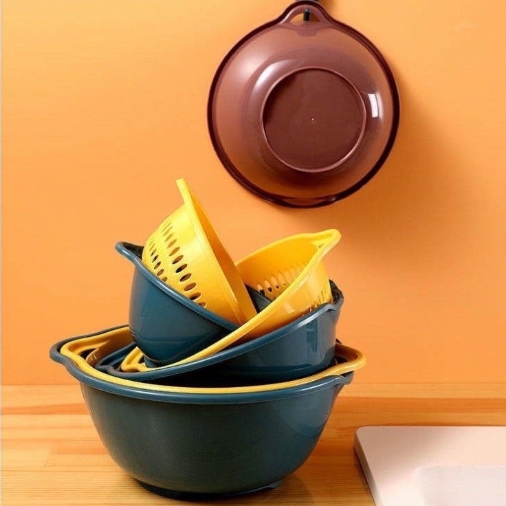 Set Rổ 6 Món, Bộ Rổ Nhựa Kèm Chậu Tiện Lợi Ráo Nước 2in1