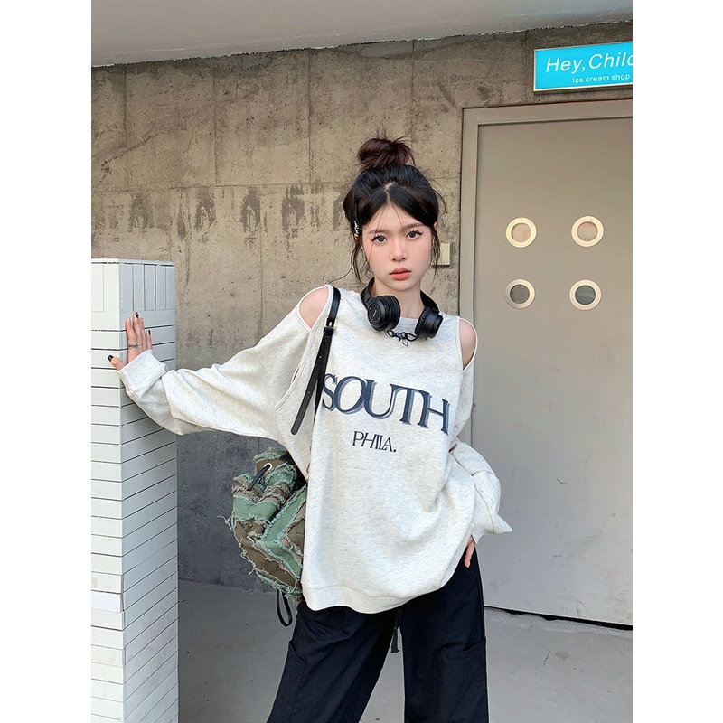 Honypove Áo Nỉ Nữ Dài Tay Trễ Vai Form Rộng Thời Trang Hàn