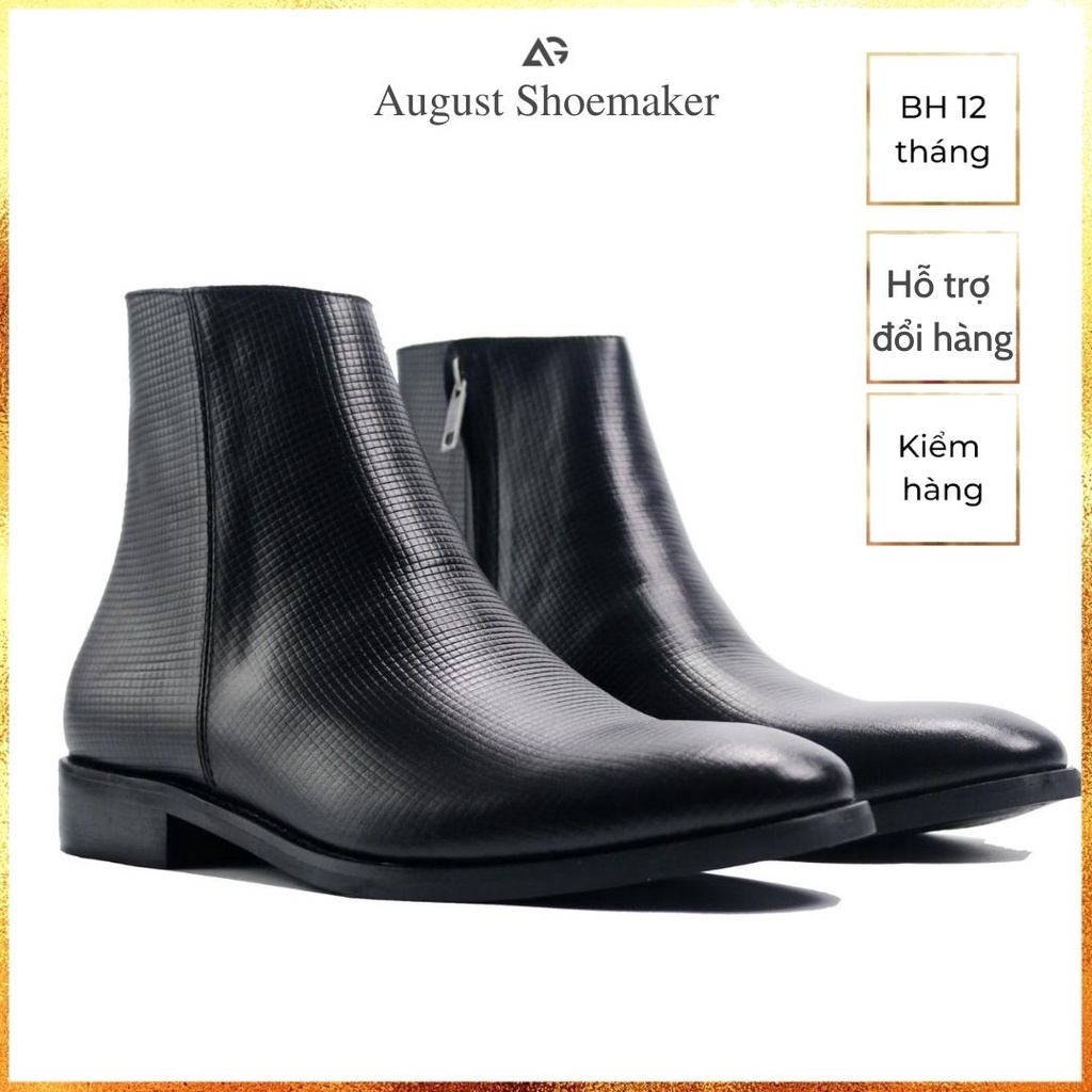 Giày boots nam cao cấp da bò nhập khẩu, Zip boots handmade August shoes AG1S da vân chính hãng bảo hành 12 tháng