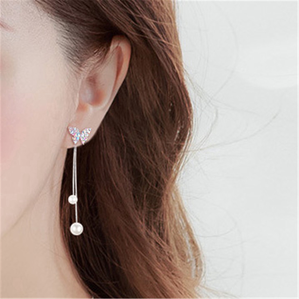 Hoa tai dáng dài đính ngọc trai trang trí hình cánh bướm xinh xắn