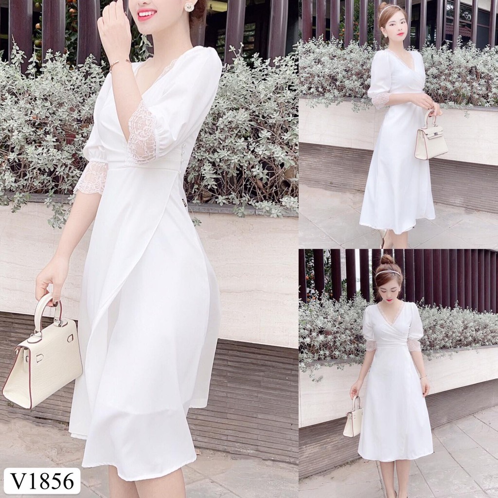 Váy trắng cổ V viền ren xẻ tà V1856 -DVC phân phôi chính thức (Kèm ảnh thật trải sàn do shop tự chụp)