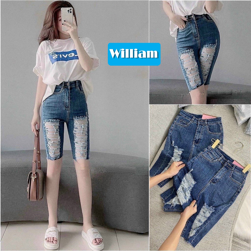 Quần jean ngố nữ co dãn rách gối cực phong cách, chất jean cotton mềm mại, bền màu William - AT183
