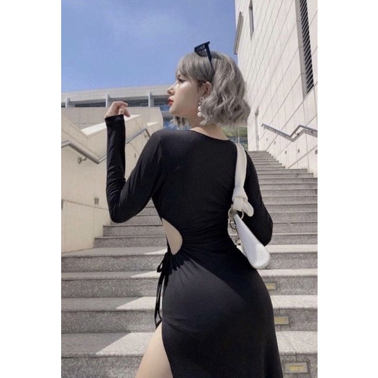 FASHIONISTA Đầm body khoét eo rút xẻ tà (borip cotton) dài tay - váy ôm freesize dưới 53kg - Màu: Đen trơn