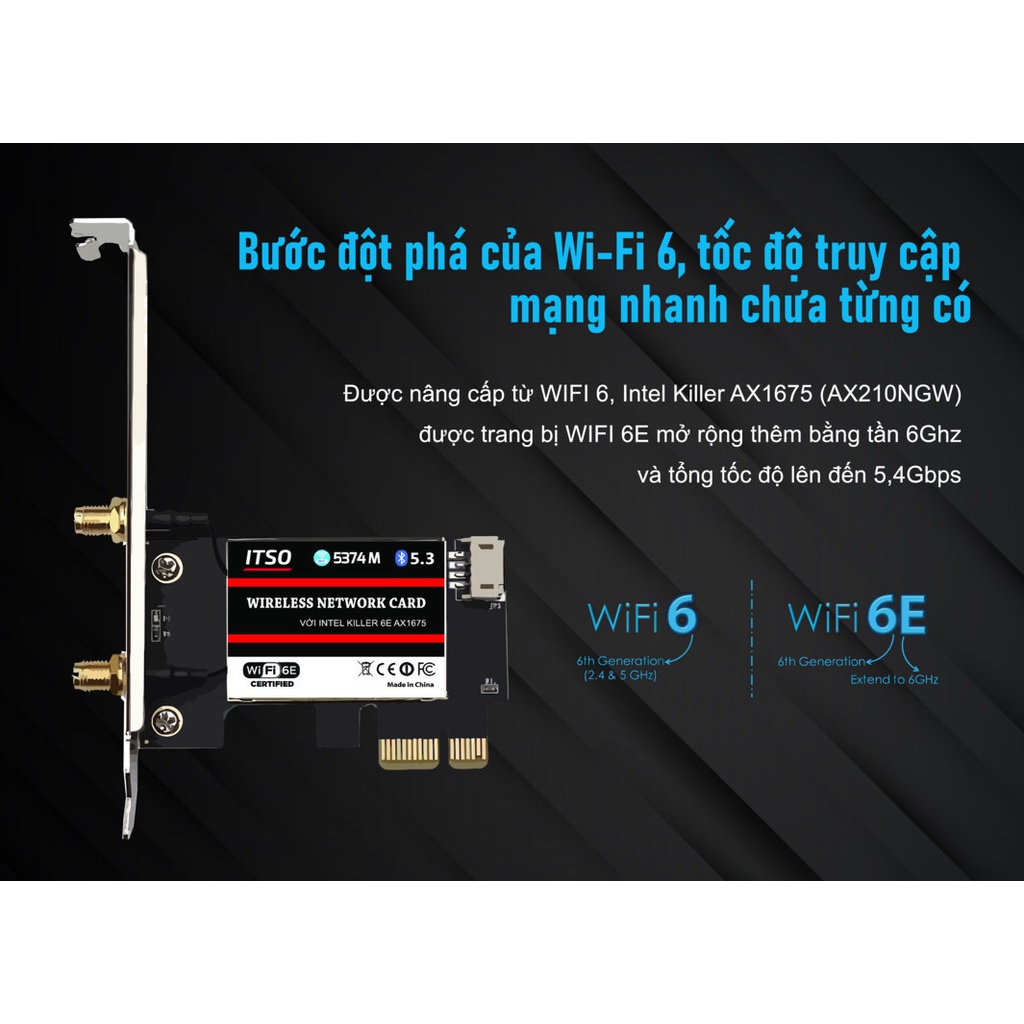 Card WIFI 6E dùng chip Intel Killer AX1675 chuyên game khe cắm PCI dùng cho máy bàn