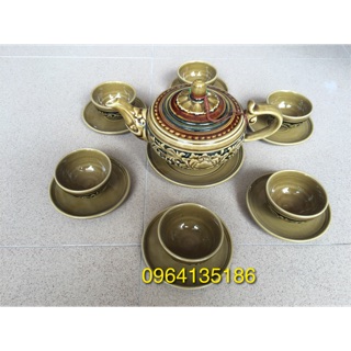 Bộ ấm chén men da lươn khắc nổi hoa phù dung gốm sứ Bát Tràng