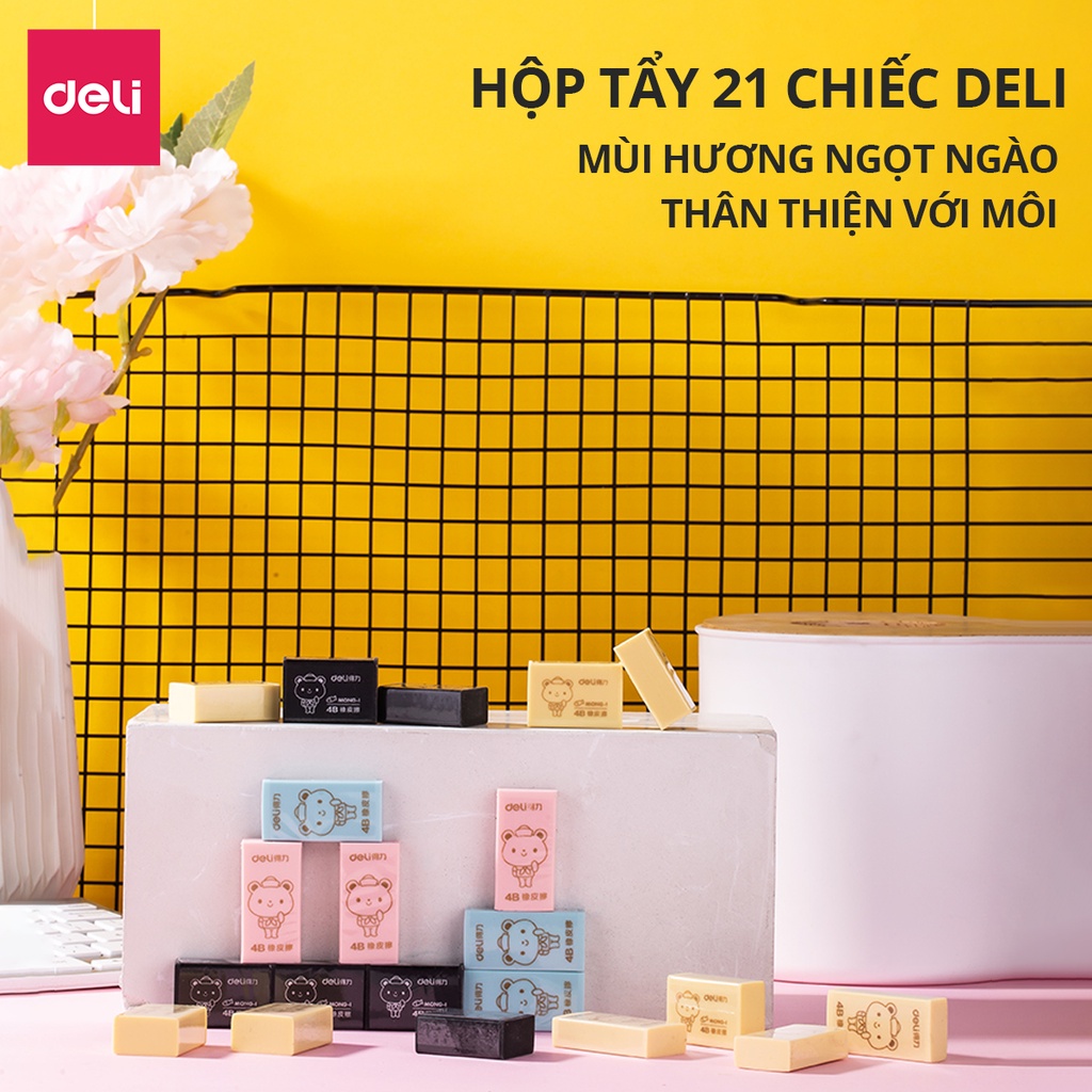 Tẩy 4B Deli hình chữ nhật hộp 21 chiếc màu ngẫu nhiên đen/ hồng/ xanh dương/ vàng - 33012