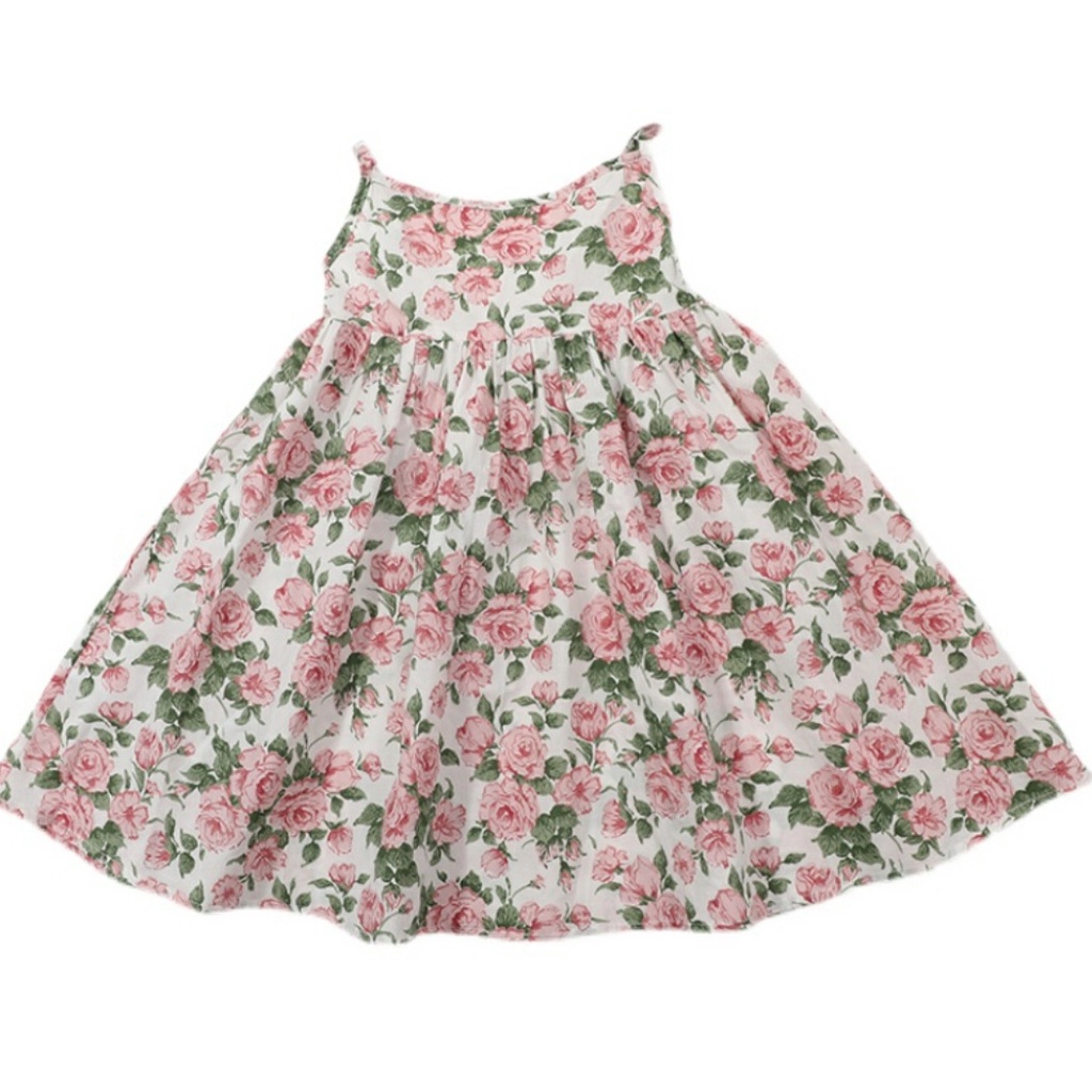 Váy cho bé gái hoa hồng 2 dây chun lưng từ 08-20kg