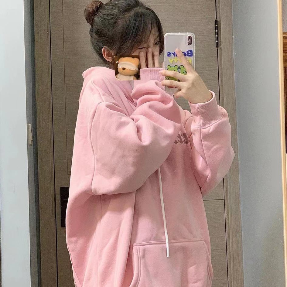 (CÓ SẴN) Áo hoodie nỉ bông màu hồng nhạt baby đáng yêu có mũ in chữ xinh xắn năng động style học sinh